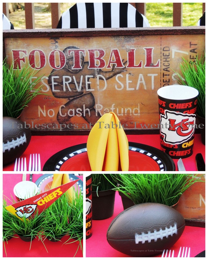 Tablescapes at Table Twenty-One, www.tabletwentyone.wordpress.com, Chiefs Pride: Football, pendant in grass, ticket sign collage