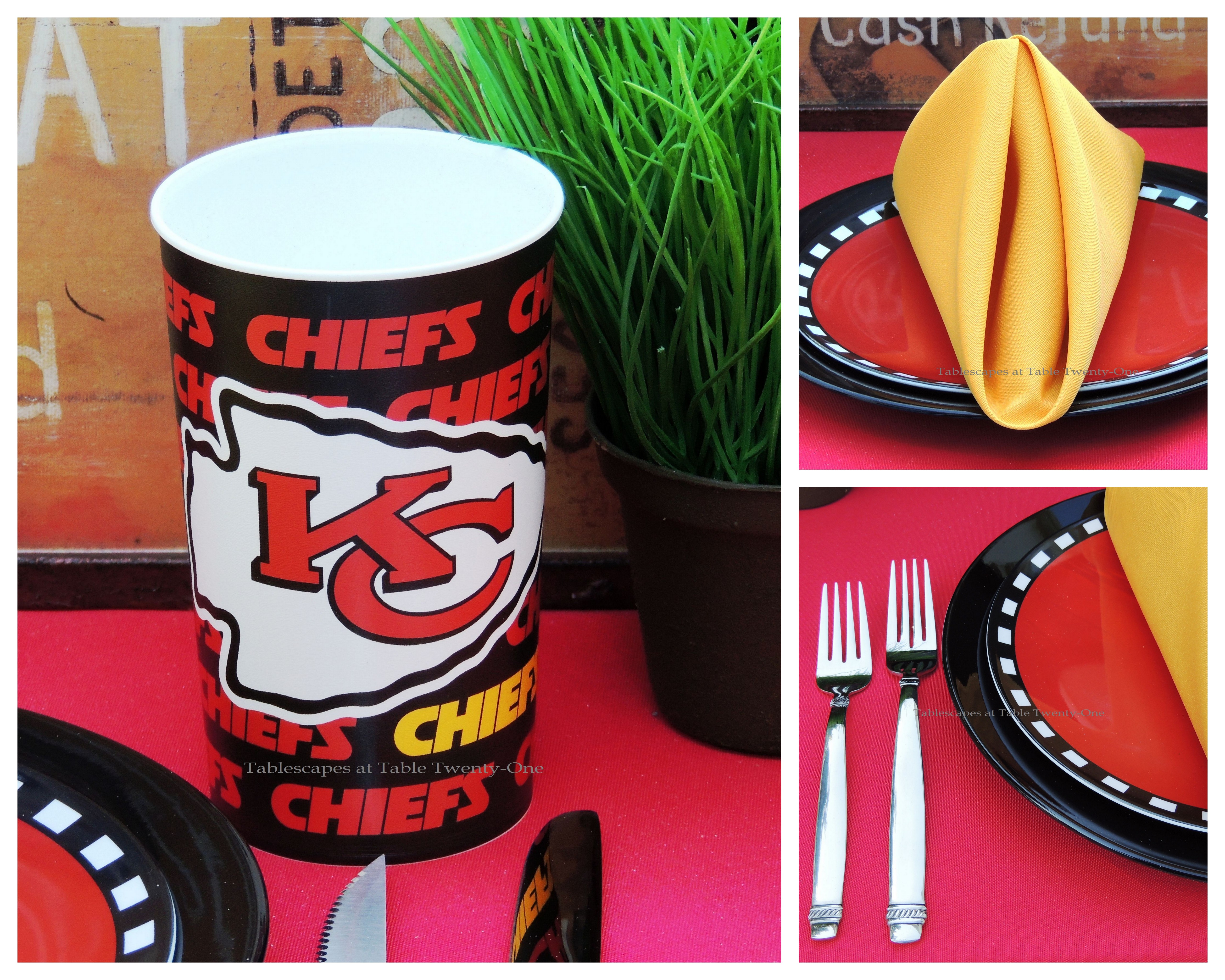 Tablescapes at Table Twenty-One, www.tabletwentyone.wordpress.com, Chiefs Pride: Napkin fold, Chiefs cup, flatware & rim shot collage