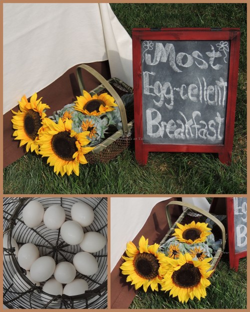Tablescapes at Table Twenty-One, www.tabletwentyone.wordpress.com, Most Egg-cellent Fall Breakfast: Chalkboard signage, basket of sunflowers, eggs in wire basket collage