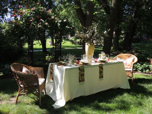 Tablescapes at Table Twenty-One, www.tabletwentyone.wordpress.com, Italian Honeysuckle: Full table in front of honeysuckle arbor