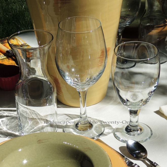 Tablescapes at Table Twenty-One, www.tabletwentyone.wordpress.com, Italian Honeysuckle: Stemware and personal wine carafe