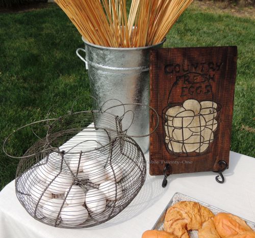 Tablescapes at Table Twenty-One, www.tabletwentyone.wordpress.com, Most Egg-cellent Fall Breakfast: Eggs in wire basket, wooden egg sign collage