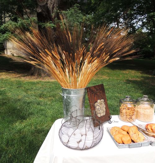 Tablescapes at Table Twenty-One, www.tabletwentyone.wordpress.com, Most Egg-cellent Fall Breakfast: Blackbeard wheat arrangement in galvanized bucket on buffet table