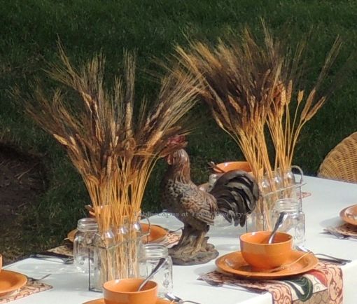 Tablescapes at Table Twenty-One, www.tabletwentyone.wordpress.com, Most Egg-cellent Fall Breakfast: Wheat and rooster centerpiece