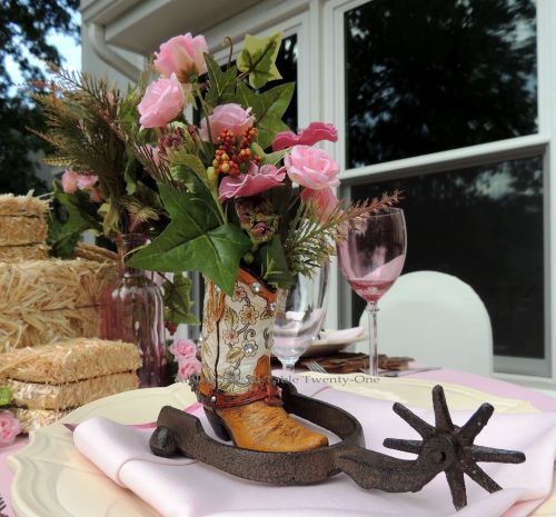 Tablescapes at Table Twenty-One, www.tabletwentyone.wordpress.com, Breast Cancer Awareness Month: Pretty in Pink for the Cowgirl in You: Mini boot "vase" with rusty iron spur