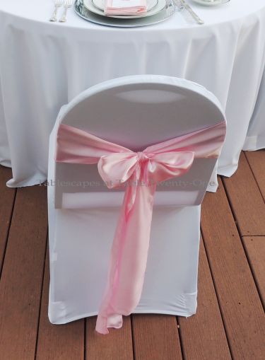 Tablescapes at Table Twenty-One, www.tabletwentyone.wordpress.com, Bald Is Beautiful: Banquet chair with stretch white chair cover and pink satin sash from LinenTablecloth.com