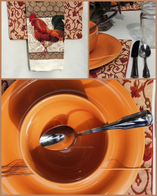 Tablescapes at Table Twenty-One, www.tabletwentyone.wordpress.com, Most Egg-cellent Fall Breakfast: Flatware, rooster tea towel napkin collage