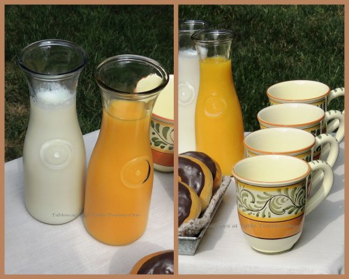 Tablescapes at Table Twenty-One, www.tabletwentyone.wordpress.com, Most Egg-cellent Fall Breakfast: Orange juice, milk, coffee mug collage