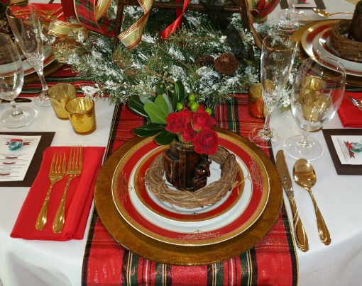 Alycia Nichols, Tablescapes at Table Twenty-One, www.tabletwentyone.wordpress.com, Tartan On the Tee – A Creekmoor Christmas: place setting with tartan runner, red & gold china