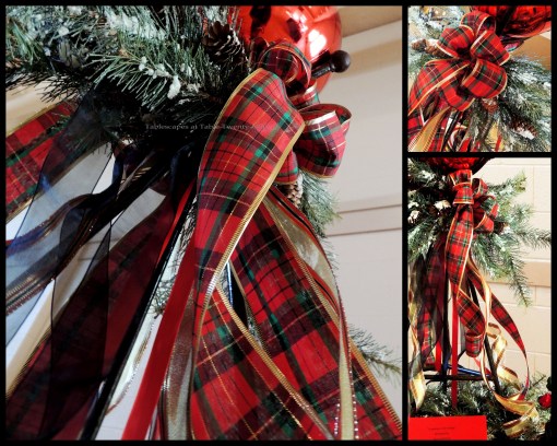 Alycia Nichols, Tablescapes at Table Twenty-One, www.tabletwentyone.wordpress.com, Tartan On the Tee – A Creekmoor Christmas: Centerpiece tartan ribbon and greenery collage