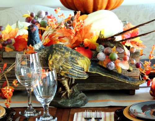 Alycia Nichols, Tablescapes at Table Twenty-One, www.tabletwentyone.wordpress.com, Pheasants & Pumpkins: Resin pheasant