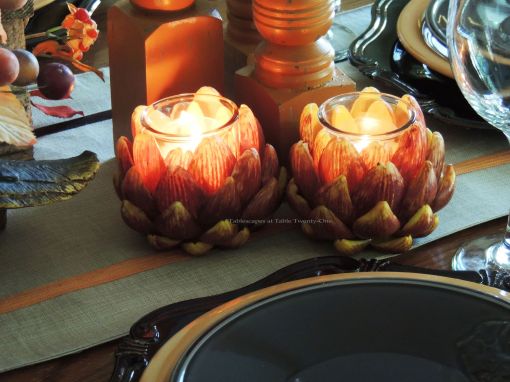 Alycia Nichols, Tablescapes at Table Twenty-One, www.tabletwentyone.wordpress.com, Pheasants & Pumpkins: artichoke votive holders
