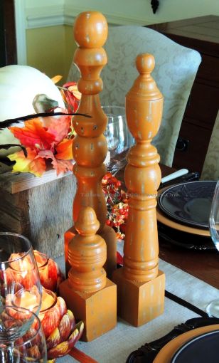 Alycia Nichols, Tablescapes at Table Twenty-One, www.tabletwentyone.wordpress.com, Pheasants & Pumpkins: pumpkin orange wood finials