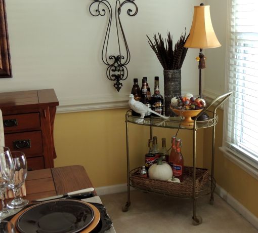 Alycia Nichols, Tablescapes at Table Twenty-One, www.tabletwentyone.wordpress.com, Pheasants & Pumpkins: Bar/Tea cart