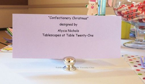 Alycia Nichols, Tablescapes at Table Twenty-One, www.tabletwentyone.wordpress.com, “Confectionery Christmas” – table signage