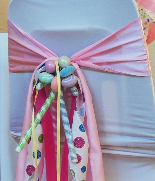 Alycia Nichols, Tablescapes at Table Twenty-One, www.tabletwentyone.wordpress.com, “Confectionery Christmas” – ribbon, candy & ornament chair swag