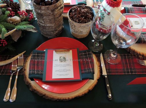 Alycia Nichols, Tablescapes at Table Twenty-One, www.tabletwentyone.wordpress.com, “Christmas in the Woods”: Place setting with wood slice charger, tartan ribbon, natural elements