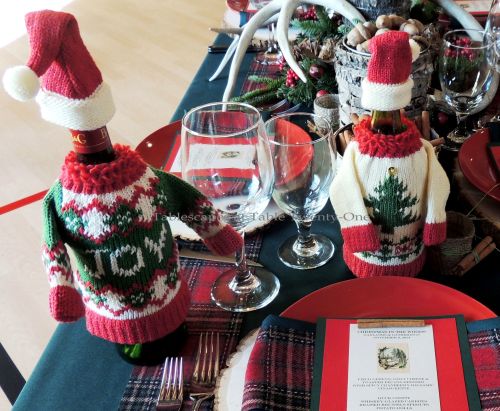 Alycia Nichols, Tablescapes at Table Twenty-One, www.tabletwentyone.wordpress.com, “Christmas in the Woods”: Christmas sweaters on wine bottles