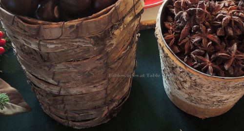 Alycia Nichols, Tablescapes at Table Twenty-One, www.tabletwentyone.wordpress.com, “Christmas in the Woods”: Bark-covered vases