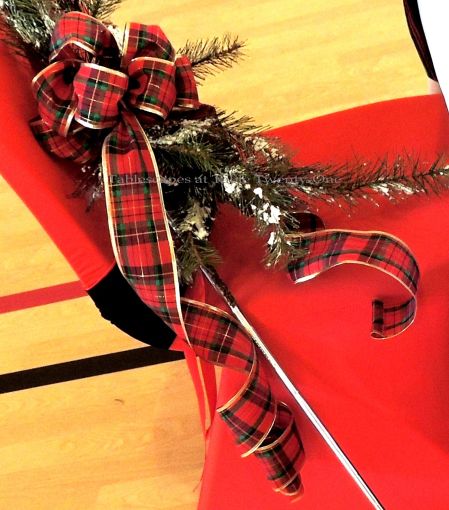Alycia Nichols, Tablescapes at Table Twenty-One, www.tabletwentyone.wordpress.com, Tartan On the Tee – A Creekmoor Christmas: tartan ribbon and greenery on golf club for Christmas