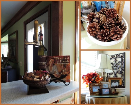Alycia Nichols, Tablescapes at Table Twenty-One, www.tabletwentyone.wordpress.com, Pheasants & Pumpkins: Fall decor on breakfast bar, in master bedroom collage