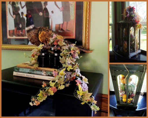 Alycia Nichols, Tablescapes at Table Twenty-One, www.tabletwentyone.wordpress.com, Pheasants & Pumpkins: Fall lantern, pheasant with binoculars collage