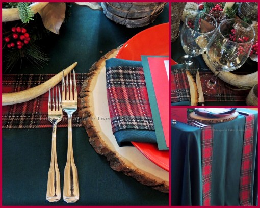 Alycia Nichols, Tablescapes at Table Twenty-One, www.tabletwentyone.wordpress.com, “Christmas in the Woods”: Flatware, wood slice charger, tartan ribbon runner, stemware collage