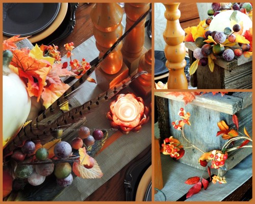 Alycia Nichols, Tablescapes at Table Twenty-One, www.tabletwentyone.wordpress.com, Pheasants & Pumpkins: Pheasant feathers, berries, bittersweet in wooden centerpiece box collage