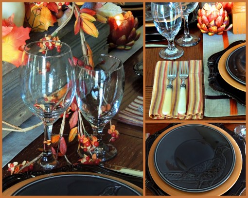 Alycia Nichols, Tablescapes at Table Twenty-One, www.tabletwentyone.wordpress.com, Pheasants & Pumpkins: Stemware, flatware, napkin, pheasant salad plate collage