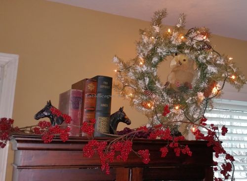 Alycia Nichols, Tablescapes at Table Twenty-One, www.tabletwentyone.wordpress.com, ”Timberland Christmas – 2014 Christmas Décor: Frosted wreath with owl, , red berries on secretary