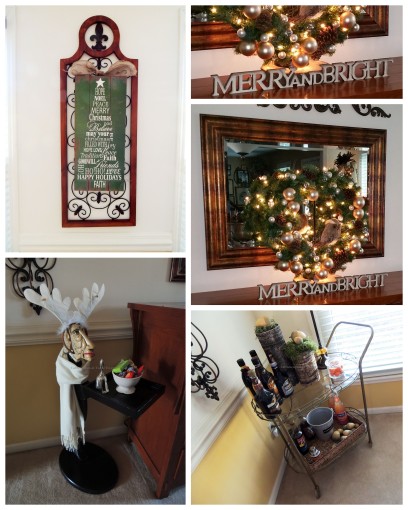 Alycia Nichols, Tablescapes at Table Twenty-One, www.tabletwentyone.wordpress.com, ”Timberland Christmas – 2014 Christmas Décor: Bar cart, Geoffrey the Butler, wall sign, buffet wreath with owl collage
