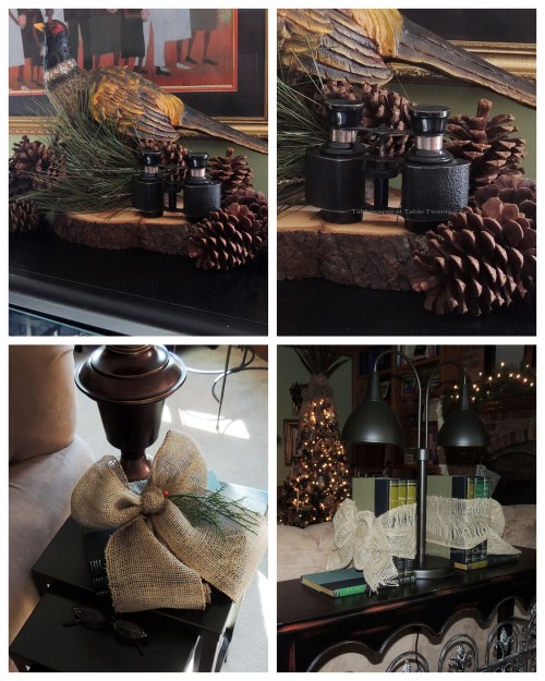 Alycia Nichols, Tablescapes at Table Twenty-One, www.tabletwentyone.wordpress.com, ”Timberland Christmas – 2014 Christmas Décor: Burlap-tied books, pheasant on wood slice with greenery & binoculars collage