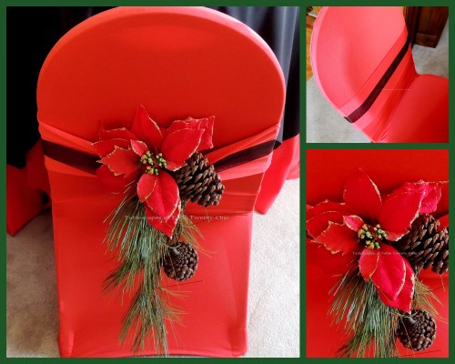 Alycia Nichols, Tablescapes at Table Twenty-One, www.tabletwentyone.wordpress.com, Cardinal Christmas: Chair collage - banquet chair with red stretch cover, "cardinal", poinsettia and pine cone sash