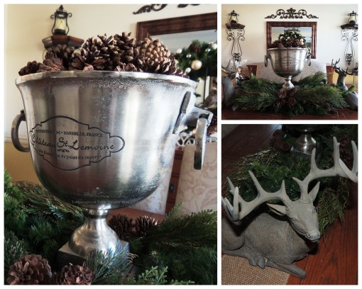 Alycia Nichols, Tablescapes at Table Twenty-One, www.tabletwentyone.wordpress.com, ”Timberland Christmas – 2014 Christmas Décor: Dining room centerpiece collage with pine cones and reindeer