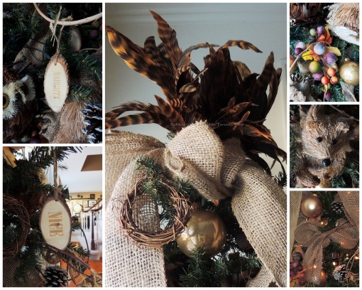 Alycia Nichols, Tablescapes at Table Twenty-One, www.tabletwentyone.wordpress.com, ”Timberland Christmas – 2014 Christmas Décor: Dining room tree ornament and pheasant feather topper collage