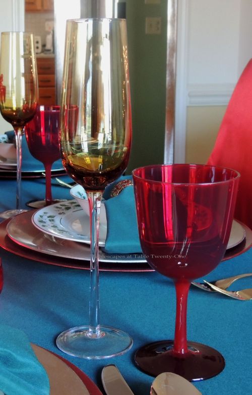 Alycia Nichols, Tablescapes at Table Twenty-One, www.tabletwentyone.wordpress.com, “Old-Fashioned Red & Green Christmas”:  Stemware
