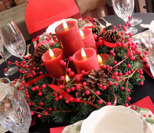 Alycia Nichols, Tablescapes at Table Twenty-One, www.tabletwentyone.wordpress.com, Cardinal Christmas: Berry & ribbon wreath with LED candles