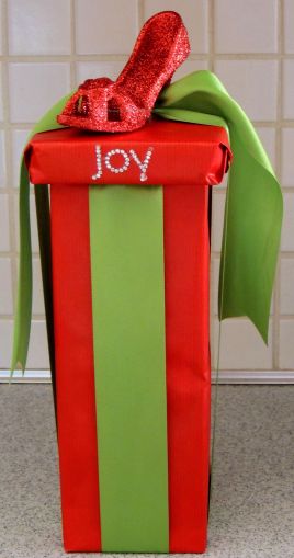 Alycia Nichols, Tablescapes at Table Twenty-One, www.tabletwentyone.wordpress.com, Cardinal Christmas: Gift wrapped in red & lime green with red high heel shoe ornament affixed to the top