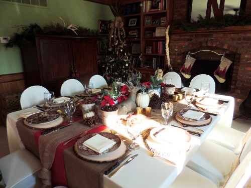 Alycia Nichols, Tablescapes at Table Twenty-One, www.tabletwentyone.wordpress.com, ”Over the River & Through the Woods – Transitional Tablescape for Thanksgiving when you've already decorated for Christmas: Full table