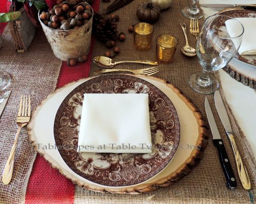 Alycia Nichols, Tablescapes at Table Twenty-One, www.tabletwentyone.wordpress.com, ”Over the River & Through the Woods – Transitional Tablescape: Single place setting with wood slice charger, brown & ivory transferware dinner plate