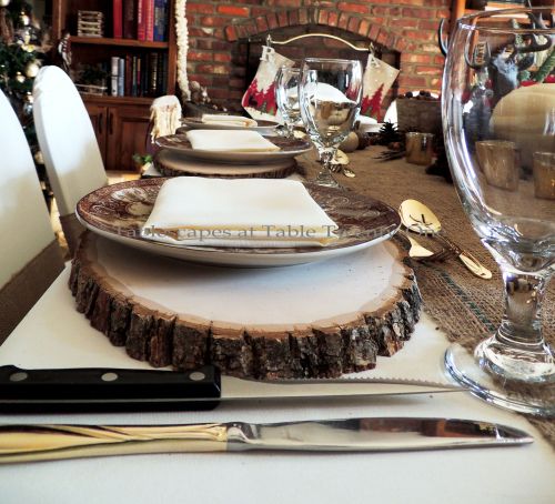 Alycia Nichols, Tablescapes at Table Twenty-One, www.tabletwentyone.wordpress.com, ”Over the River & Through the Woods – Transitional Tablescape: Multiple place settings with wood slice chargers