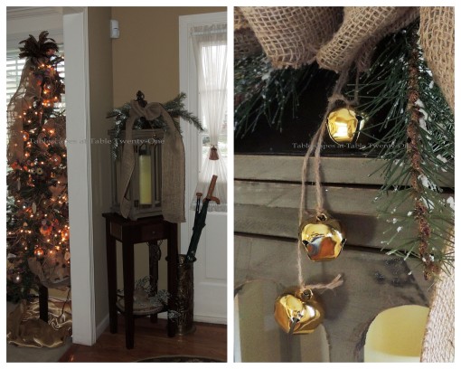 Alycia Nichols, Tablescapes at Table Twenty-One, www.tabletwentyone.wordpress.com, ”Timberland Christmas – 2014 Christmas Décor: Hallway lantern with jute-tied jingle bells collage