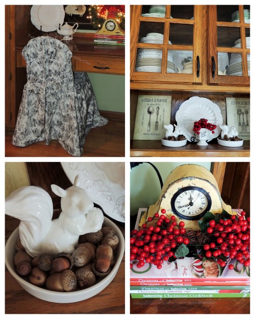 Alycia Nichols, Tablescapes at Table Twenty-One, www.tabletwentyone.wordpress.com, ”Timberland Christmas – 2014 Christmas Décor: Kitchen china cabinet, desk area collage