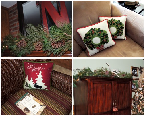 Alycia Nichols, Tablescapes at Table Twenty-One, www.tabletwentyone.wordpress.com, ”Timberland Christmas – 2014 Christmas Décor: Mantel and armoire decor, Christmas pillows on sofa and chair collage