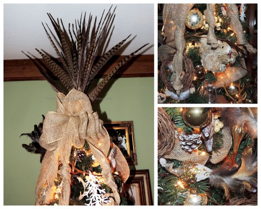 Alycia Nichols, Tablescapes at Table Twenty-One, www.tabletwentyone.wordpress.com, ”Timberland Christmas – 2014 Christmas Décor: Pheasant feather tree topper with burlap bow tied in love knots, sequinned peacock collage
