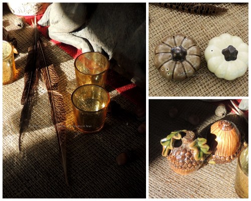 Alycia Nichols, Tablescapes at Table Twenty-One, www.tabletwentyone.wordpress.com, ”Over the River & Through the Woods – Transitional Tablescape: Pumpkin and acorn salt & pepper shakers, gold mercury glass votives with pheasant feathers collage
