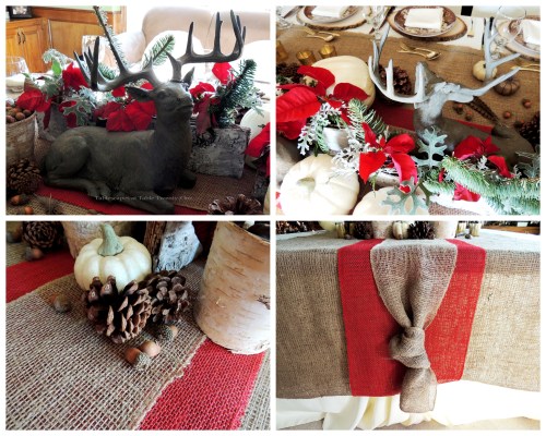Alycia Nichols, Tablescapes at Table Twenty-One, www.tabletwentyone.wordpress.com, ”Over the River & Through the Woods – Transitional Tablescape: Resin reindeer front & back views, double runner, acorns, pumpkins & pine cones collage