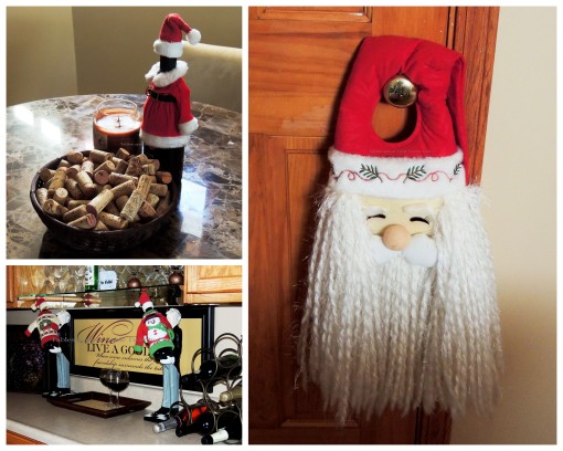 Alycia Nichols, Tablescapes at Table Twenty-One, www.tabletwentyone.wordpress.com, ”Timberland Christmas – 2014 Christmas Décor: Santa plush door hanger, ugly Christmas sweaters, Mrs. Santa wine cover with corks collage