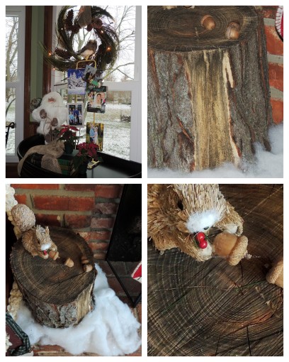 Alycia Nichols, Tablescapes at Table Twenty-One, www.tabletwentyone.wordpress.com, ”Timberland Christmas – 2014 Christmas Décor: Squirrel on old tree stump with acorns & snow, old-fashioned Santa with burlap-tied books collage