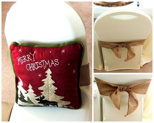 Alycia Nichols, Tablescapes at Table Twenty-One, www.tabletwentyone.wordpress.com, ”Over the River & Through the Woods – Transitional Tablescape: Stretch banquet chair cover with burlap sash, pillow collage